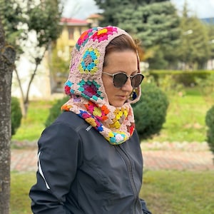 Rainbow Crochet Balaclava for Fluffy Hair, Oversize Crochet Black Balaclava, Granny Square Balaclava, Crochet Balaclava Hat, Hand Knit Hat
