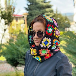Face Open Balaclava, Unisex Granny Square Knit Balaclava, Mochi Colorful Balaclava, Rainbow Crochet Balaclava, Gift for Her, Hand Balaclava