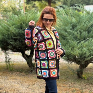 Granny Square Crochet Cardigan, Afghan Crochet Cardigan, Plus Size Knitted Cardigan, Handmade Crochet Cardigan, Vintage Crochet Cardigan image 1