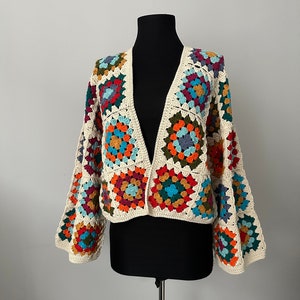 Crochet Granny Square Cardigan, Crochet Afghan Cardigan, Knitted Patchwork Coat, Handmade Granny Square Sweater,