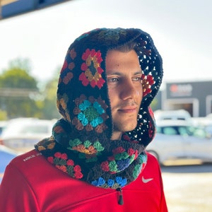 Crochet Black Balaclava for Man, Unisex Granny Square Balaclava, Unisex Oversize Balaclava Rainbow Crochet Balaclava, Crochet Balaclava Hat
