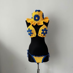 Oma Square gehaakte bikiniset met madeliefje, gehaakte bikinitop met halter, gehaakte bikini en hoed set, gehaakte bh-top, gehaakte strandkleding