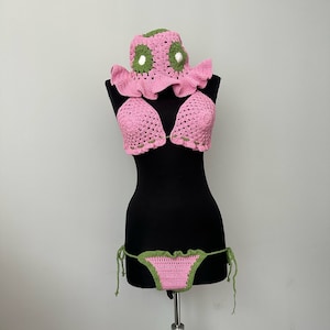 Oma Square gehaakte driehoekige bikiniset, gehaakte halterbikinitop, gehaakte bh-top, gehaakt ondergoed, gehaakte bikini en mutsje