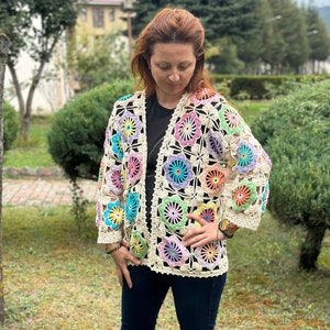 Granny Square Flowers Cardigan, Flowers Crochet Cardigan, Daisy Knitted Cardigan, Handmade Crochet Coat, Crochet Festival Jacket image 2