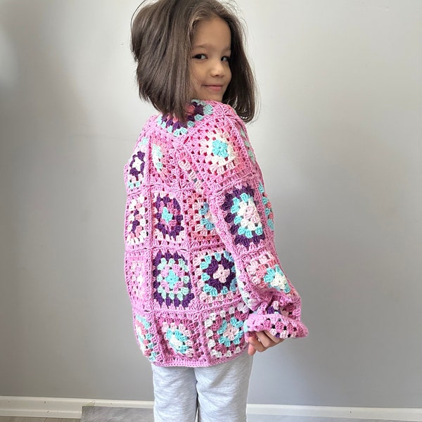 Hand Crocheted Cardigan for Kids & Babies, Granny Square Knitted Sweater for Children, Colorful Toddler Winter Clothing