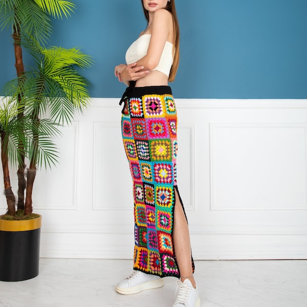Crochet Maxi Skirt, Granny Square Long Skirt, Colorful Crochet Skirt, , Crochet Long Slit Skirt, Crochet Pencil Skirt, Vintage Crochet Skirt
