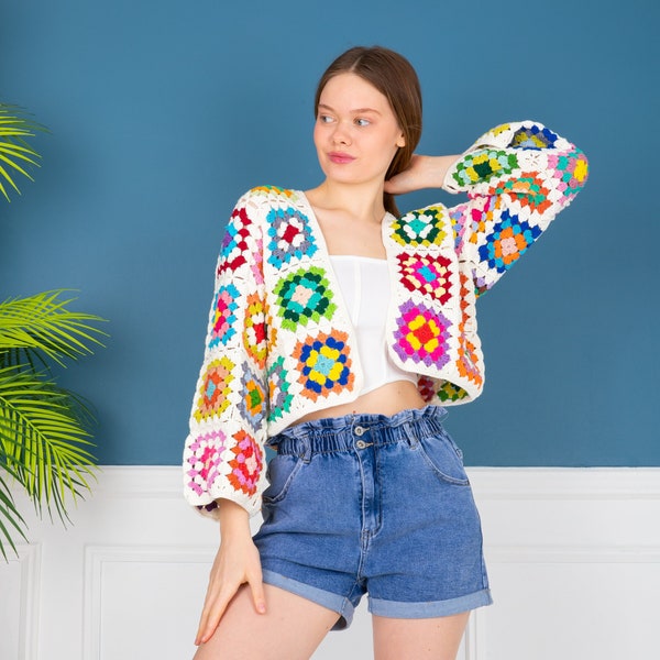 Granny Square Cardigan, Crochet Cardigan, Crochet Afghan Cardigan, Knitted Patchwork Coat, Crochet Cream Cardigan, Granny Square Sweater