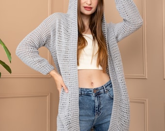 Crochet Mesh Hooded Cardigan, Handknitted Fishnet Cardigan, Mesh Crochet Sweater, Hollow Crochet Cardigan, Crochet Summer Cardigan