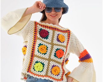 Crochet Jumbo Rose Sweater, Granny Square Sweater, Crochet Rose Cardigan, Handmade Colorful Crochet Sweater, Granny Square Pullover,