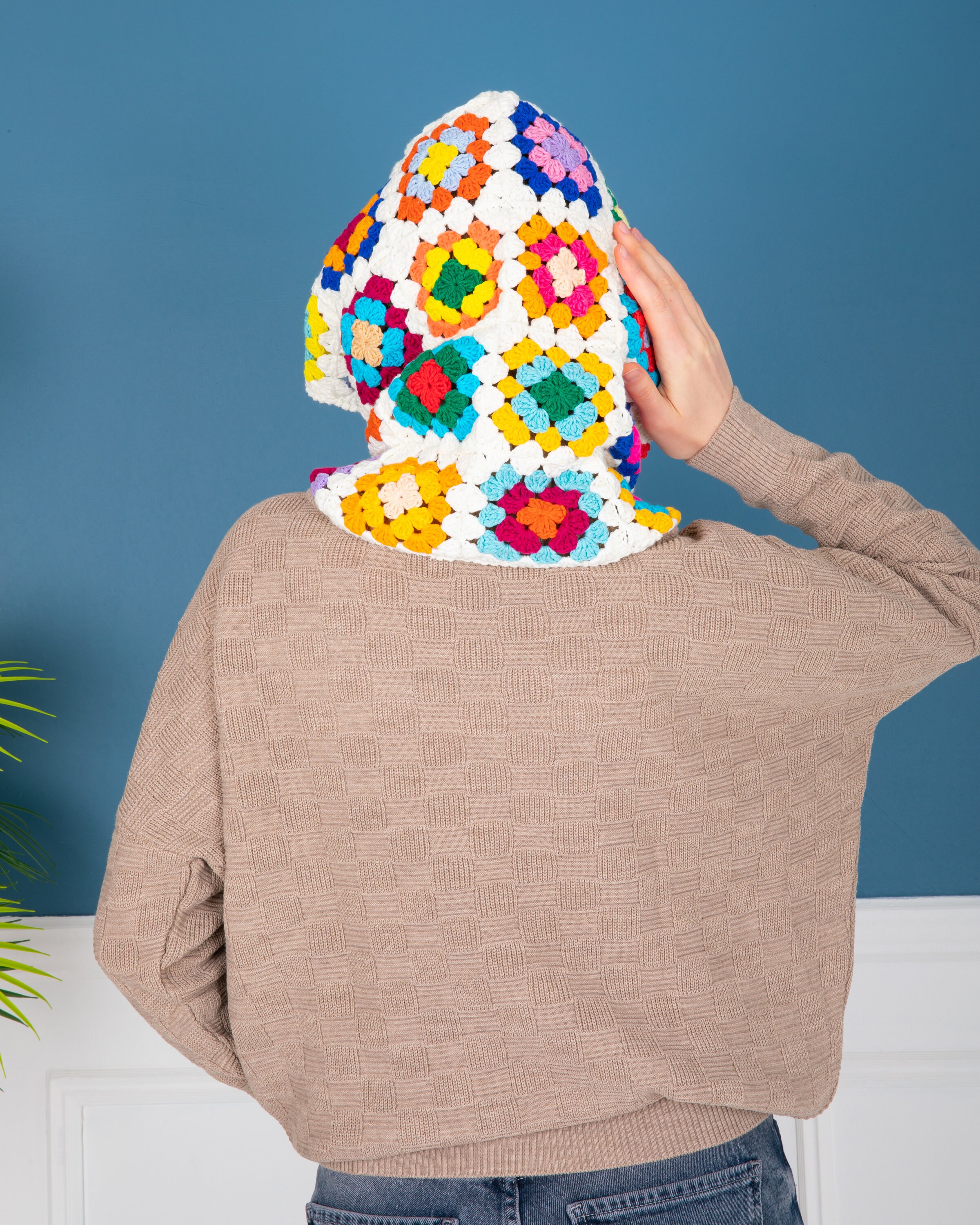 Handmade Crochet Balaclava Granny Square Bonnet Lilac Beige OS Classic Granny Square Balaclava – MON CROCHET main image 3