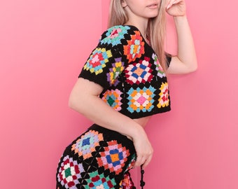Crochet Skirt and Crochet Crop Top Set, Granny Square Skirt