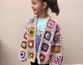 Hand Crocheted Cardigan for Kids & Babies, Granny Square Knitted Sweater for Children, Colorful Toddler Winter Clothing