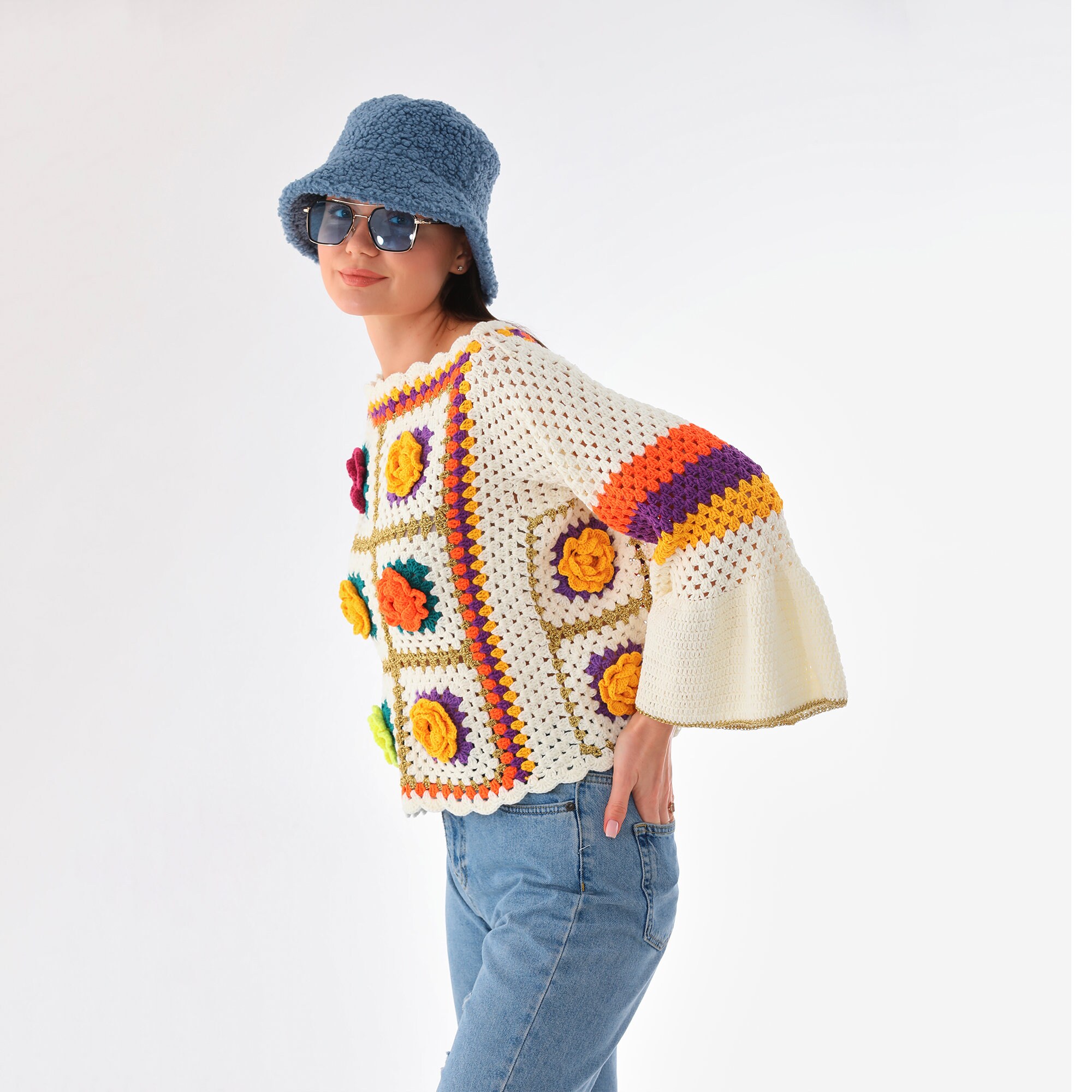 Crochet Jumbo Rose Sweater, Granny Square Sweater, Crochet
