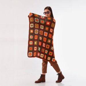Brown Green Granny Square Blanket, Crocheted Brick Colors Afghan Throw