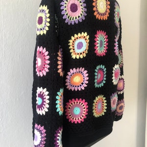 Black Crochet Cardigan, Granny Square Afghan Cardigan, Personalized Crochet Cardigan, Rainbow Crochet Cardigan, Vintage Handmade Cardigan Pastel Colors