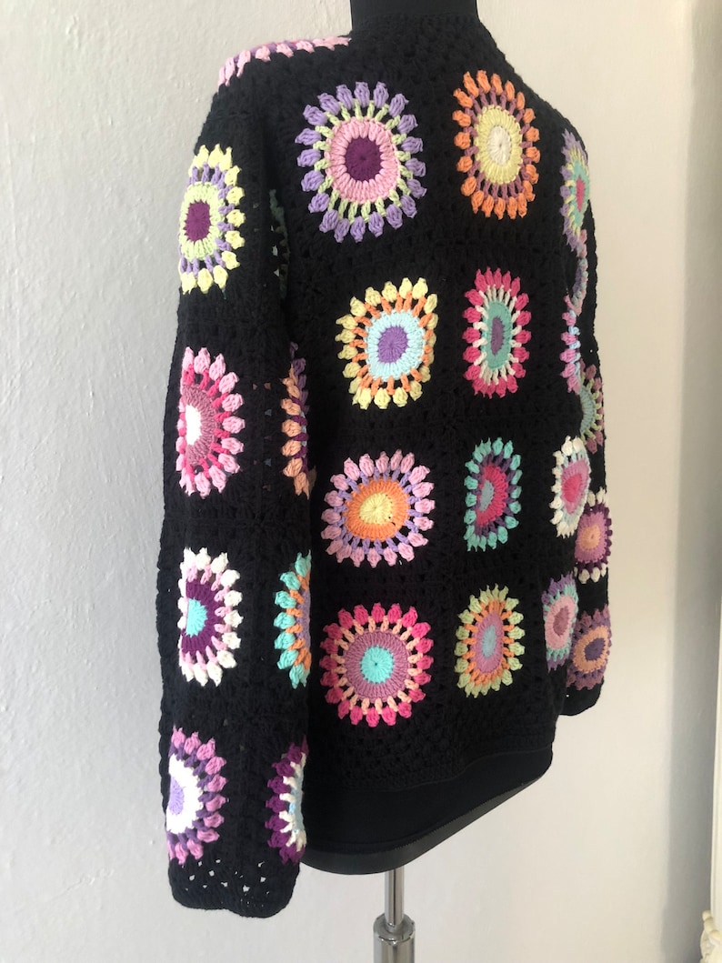 Black Crochet Cardigan, Granny Square Afghan Cardigan, Personalized Crochet Cardigan, Rainbow Crochet Cardigan, Vintage Handmade Cardigan Pastel Colors