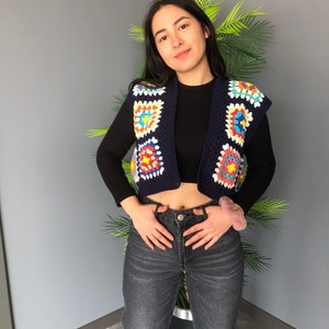 Granny Square Vest, Afghan Crochet Vest, Knitted  Colorful Festival Waistcoat, Granny Square Sweater, Handmade Sweater Vest, Knitted Vest