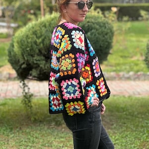 Crochet Black Cardigan, Black Granny Square Cardigan, Crochet Afghan Cardigan, Knitted Patchwork Coat, Handmade Granny Square Sweater, image 5