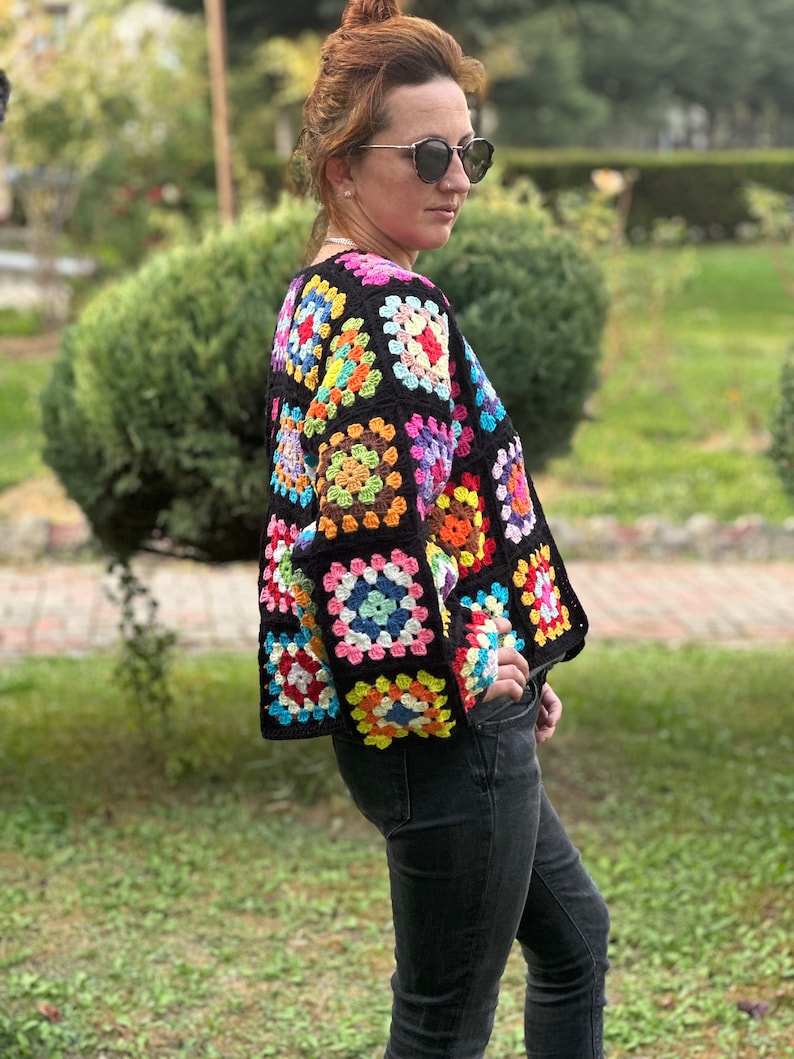 Crochet Black Cardigan, Black Granny Square Cardigan, Crochet Afghan Cardigan, Knitted Patchwork Coat, Handmade Granny Square Sweater, image 5