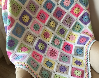 Crocheted Granny Square Afghan Baby Blanket, Knitted Cotton Stroller, Cradle and Daisy Blanket, Geometrical Boho Newborn Blanket, Baby Gift