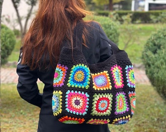 Black Granny Square Tote Bag, Crochet Hobo Bag, Colorful Crochet Bag,  Crochet Shoulder Bag, Crochet Afghan Bag, Vintage Knitting Bag