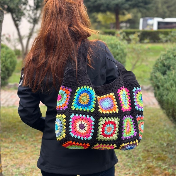 Black Granny Square Tote Bag, Crochet Hobo Bag, Colorful Crochet Bag,  Crochet Shoulder Bag, Crochet Afghan Bag, Vintage Knitting Bag