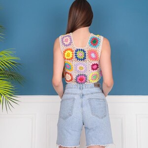 Crochet Granny Square Top, Crochet Colorful Crop Top, Handmade Multicolored Top, Crochet Motif Top, Knitted Afghan Blouse, Festival Top image 3