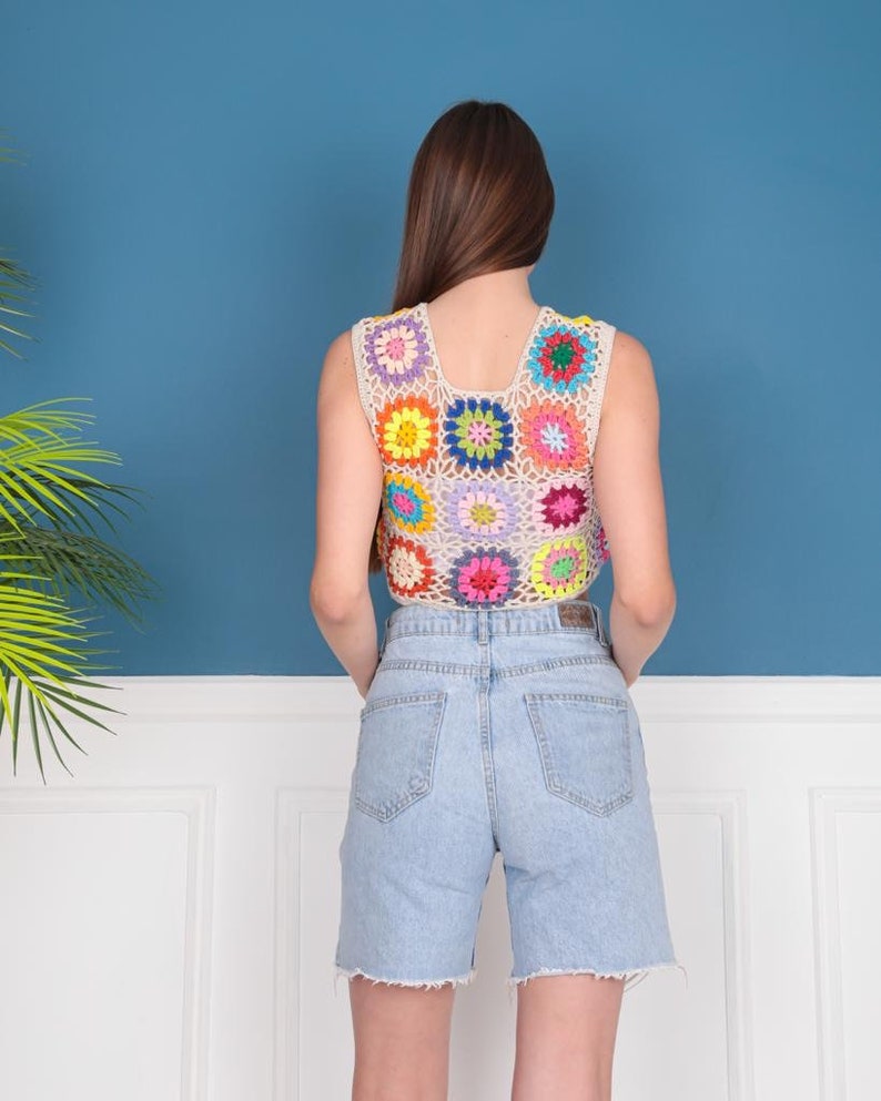 Crochet Granny Square Top, Crochet Colorful Crop Top, Handmade Multicolored Top, Crochet Motif Top, Knitted Afghan Blouse, Festival Top image 3