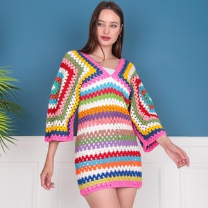 Colorful Crochet Dress, Granny Square Dress, Handknitted Dress, Handmade Granny Square Dress, Crochet Mini Dress, Crochet Pencil Dress image 7