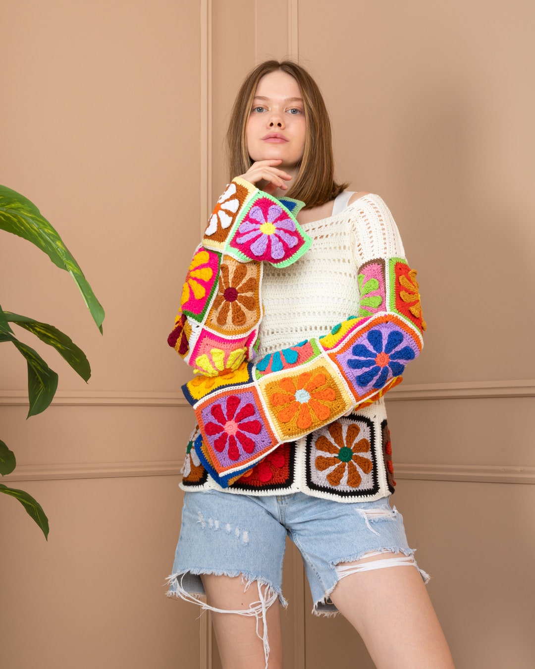 Colorful Flowers Sweater, Knitted Long Sleeve Sweater, Daisy