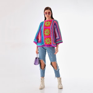 Oversize Crochet Rose Sweater, Granny Square Sweater, Crochet Rose Hexagon Sweater, Handmade Colorful Sweater, Granny Square Pullover image 8