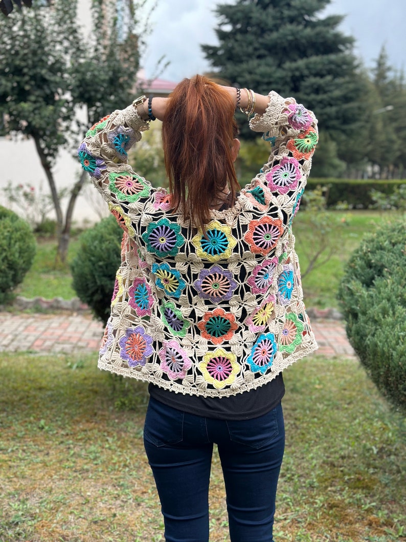 Granny Square Flowers Cardigan, Flowers Crochet Cardigan, Daisy Knitted Cardigan, Handmade Crochet Coat, Crochet Festival Jacket image 5