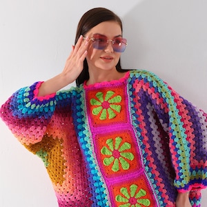 Oversize Crochet Rose Sweater, Granny Square Sweater, Crochet Rose Hexagon Sweater, Handmade Colorful Sweater, Granny Square Pullover image 7