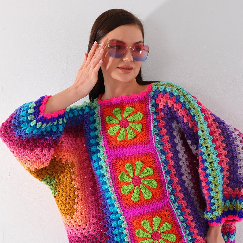 Oversize Crochet Rose Sweater, Granny Square Sweater, Crochet Rose Hexagon Sweater, Handmade Colorful Sweater, Granny Square Pullover image 7