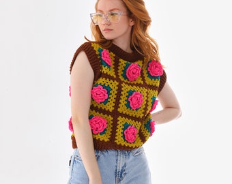 Crochet Jumbo Rose Sweater, Granny Square Sweater, Crochet Rose Pullover, Handmade Crochet Sweater, Granny Square Pullover, Floral Sweater