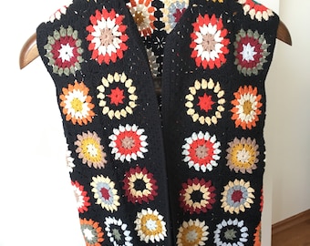 Granny Square Afghan Crochet Black Vest, Knitted Patchwork Bohemian Colorful Festival Waistcoat or Cardigan, Women Knitting Wear, Xmas Gift