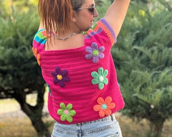 Crochet Sweater, Crochet Sunflower Shirt, Knit Daisy Sweater, Crochet Flowers Sweater, Handmade Sweater, Crochet Floral Sweatshirt