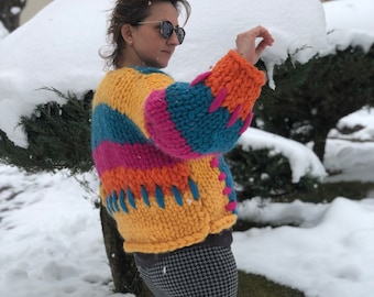 Cardigan Chunky Feminino, Suéter Colorido Oversize de Malha Chunky de Lã, Cardigan Crop de Malha com Cabo, Moda, Suéter Chunky, Harry Styles