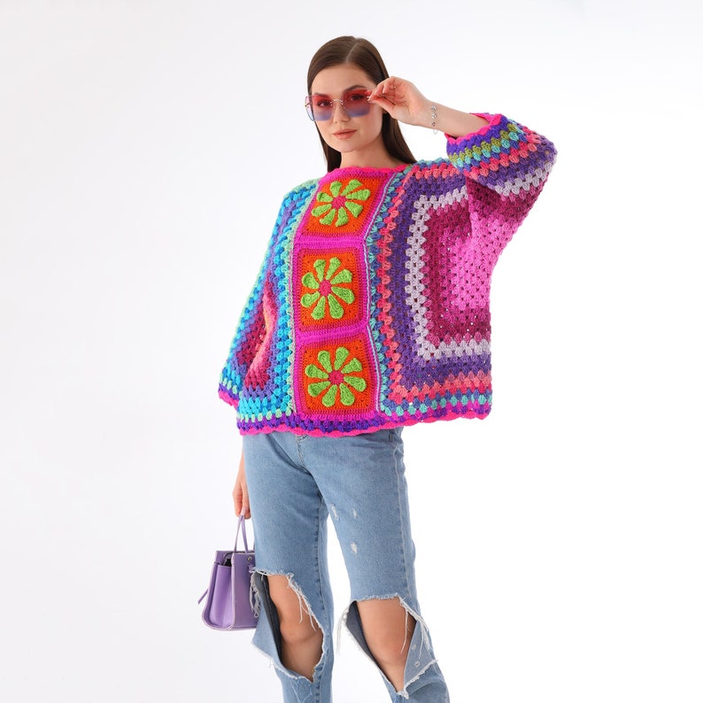 Oversize Crochet Rose Sweater, Granny Square Sweater, Crochet Rose Hexagon Sweater, Handmade Colorful Sweater, Granny Square Pullover image 1