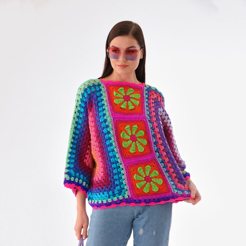 Oversize Crochet Rose Sweater, Granny Square Sweater, Crochet Rose Hexagon Sweater, Handmade Colorful Sweater, Granny Square Pullover image 5