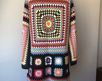 Crochet Afghan Hooded Cardigan, Knitted Granny Square Cardifgan,, Rainbow Crochet Cardigan, Colorful Crochet Coat, Handknitted Jacket