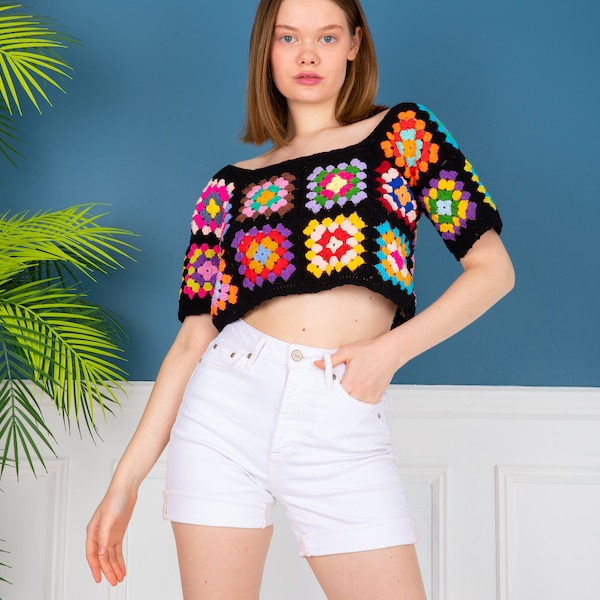 Colorful Crochet Crop Top, Granny Square Crop Top, Knitted Crop Top, Handmade Crop Top, Colorful Crocheted Top, Handmade Crop Blouse
