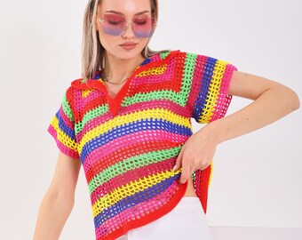 LGBTQ Pride Crochet Top, Crochet Pride Fishnet T-Shirt,Crochet Mesh Top, Crochet Fishnet Blouse, Hand Knitted Shirt, Crochet Summer Top