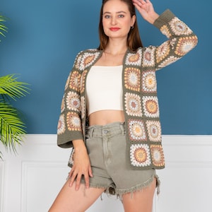 Granny Square Cardigan, Crochet Cardigan,  Crochet Afghan Cardigan, Knitted Patchwork Coat, Crochet Green Cardigan, Crochet Boho Cardigan