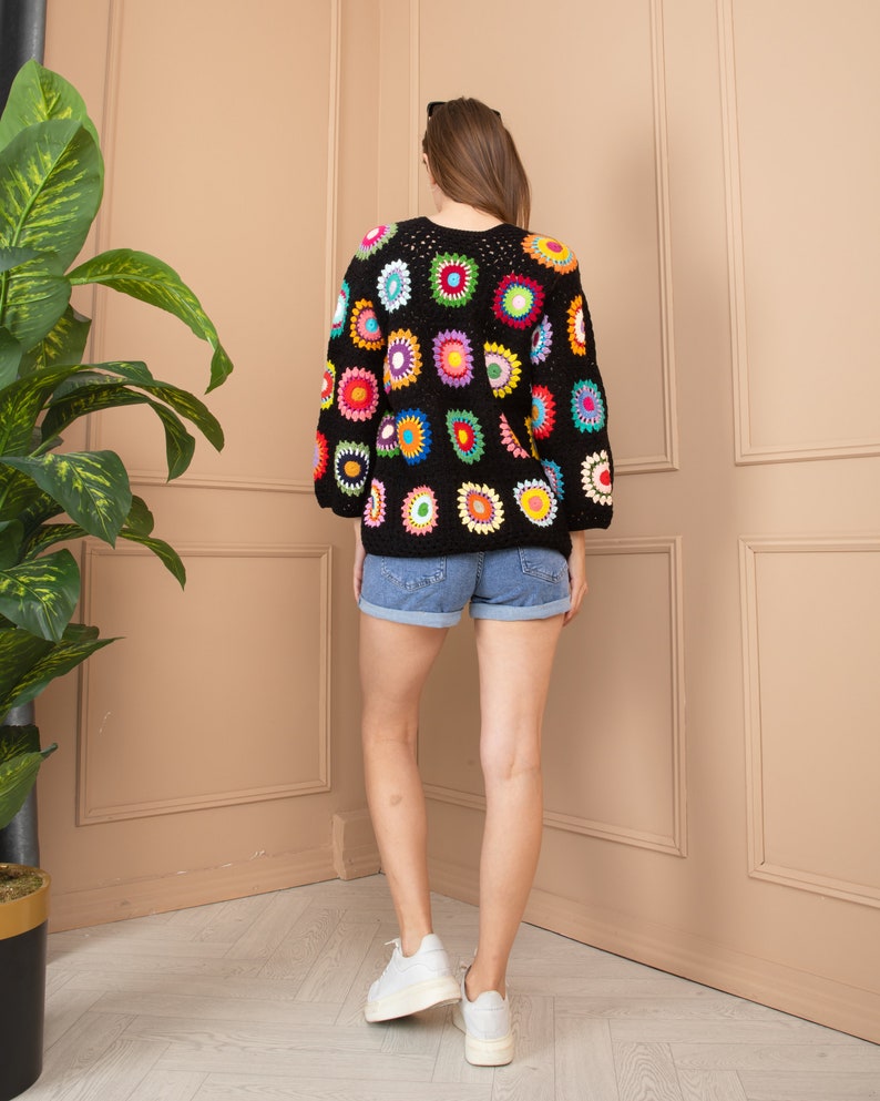 Black Crochet Cardigan, Granny Square Afghan Cardigan, Personalized Crochet Cardigan, Rainbow Crochet Cardigan, Vintage Handmade Cardigan image 10