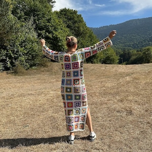 Crochet Granny Square Long Dress, Long Sleeve Granny Square Maxi Dress, Hand- Knitted Cream Dress