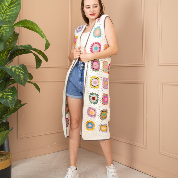 Womens Long Crocheted Granny Square Vest Etsy