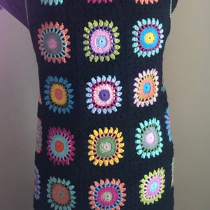 Granny Square Afghan Crochet Black Vest, Knitted Patchwork Bohemian Colorful Festival Waistcoat, Women Knitting Wear, Personalized Gift