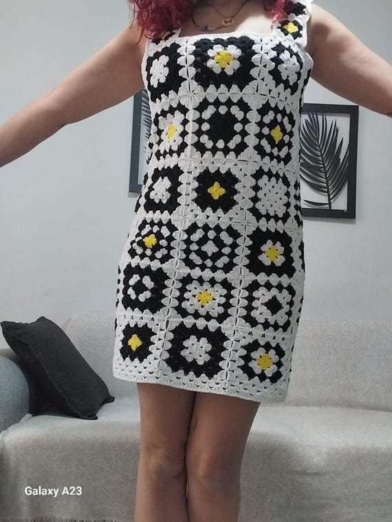 Hand Knitted Granny Square Crochet Mini Dress: Black and White Patchwork Hand Knitted Granny Square Crochet Mini Dress: Black and White Patchwork