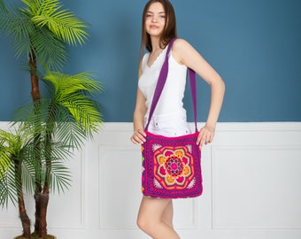 Purpple Crochet Bag, Crochet Tote Bag,  Granny Square Bag, Colorful Knitted Bag, Colorful Crochet Shoulder Bag, Colorful Crochet Afghan Bag